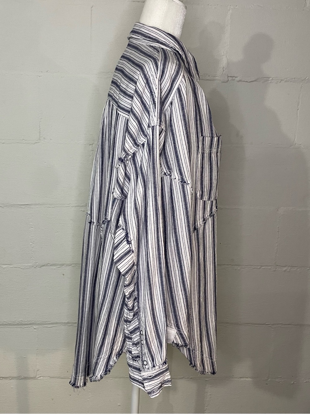 We The Free Striped Button-Front Tunic Blouse in White and Navy - Picture 2 of 4